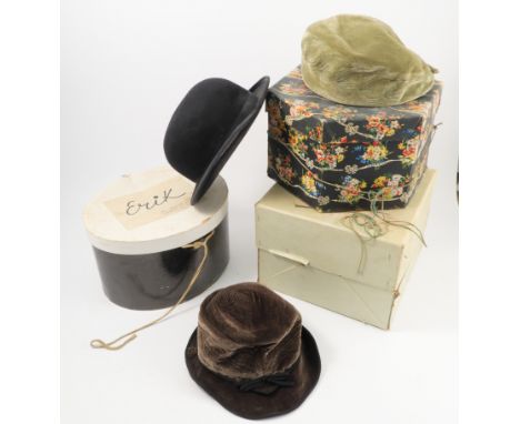 A vintage Frank Usher lady's dress, in blue and grey floral print, together with various hats, bearing labels for Debenham & 