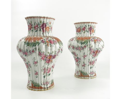 A pair of 19th century Sampson of Paris vases, the gadrooned bodies of baluster form decorated with flowers and scales, heigh