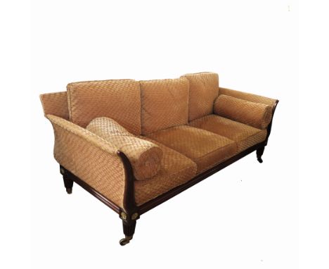 An Empire style sofa, of elongated lyre form with gilt roundels and short reeded legs, width approximately 92ins