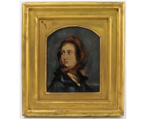 A 19th century oil on panel, portrait of a woman wearing a head scarf, 6ins x 4.5ins