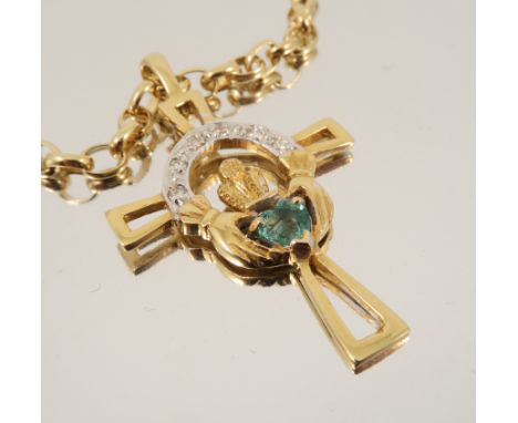 A 14 carat gold emerald and diamond set Claddagh Cross pendant, on a 9 carat gold chain, 19.8g gross, cased