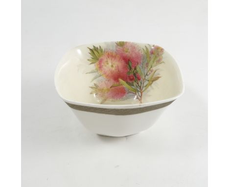 An unmarked bowl, of square form, the interior decorated with Australian flowers by R Austin, diameter 3.75ins   Condition re