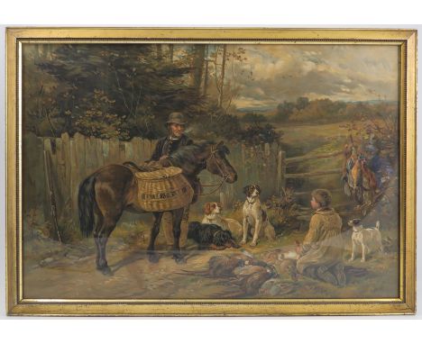 A Victorian colour print, boy kneeling by dead game with male figure by a pony, marked E S & A Robinson Ltd Bristol, 16.5ins 