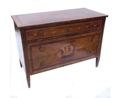 A continental commode, the quarter veneered top having a circular marquetry panel with cross banded border, fitted with three