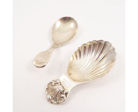 A silver caddy spoon, with fluted bowl and shell to handle, Birmingham 1967, together with a Georgian silver fiddle pattern c