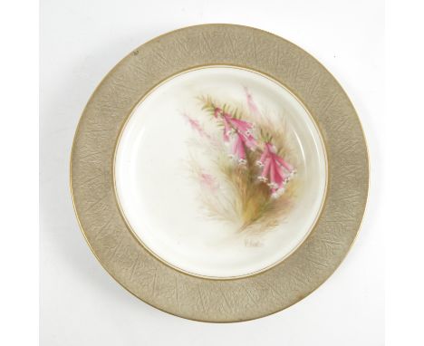 A Royal Worcester side plate, decorated with pink Australian flowers by R Austin, to a grey border embossed with plants, reta