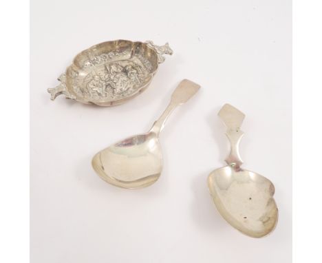 A Georgian silver caddy spoon, with diamond shaped handle and shaped bowl, London 1808, maker Thomas James, together with ano