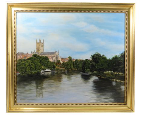 West R Handley, oil on board, view of Worcester from the river, dated 1986, 24ins x 30ins