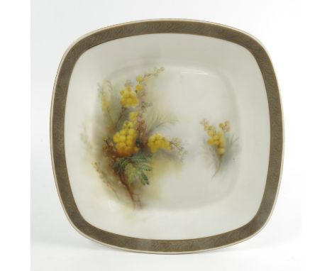 A Royal Worcester square plate, decorated with the Australian Wattle flower by R Austin, with grey embossed border, retailed 