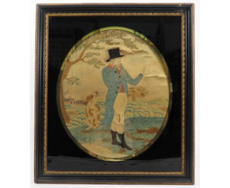 A pair of 19th century oval tapestry pictures, of a man wearing a frock coat in landscape with dog and a seated woman in land