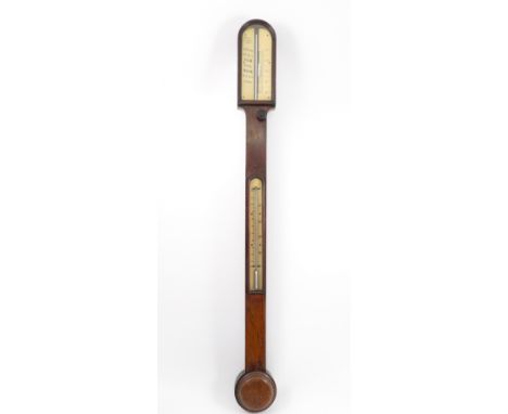 A Negretti & Zambra mahogany cased stick barometer, with engraved ivorine dials, height 36ins