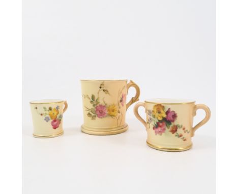 A Royal Worcester blush ivory mug, decorated with floral sprays, dated 1913, height 2.25ins, together with a Royal Worcester 