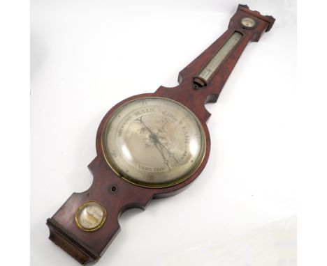 A 19th century mahogany banjo barometer, with silvered dials, inscribed Wm. Raban Olney, height 40ins