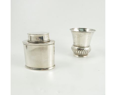 A silver tea caddy, of oval form and pull off cover, Birmingham 1938, weight 3oz, together with a hallmarked silver vase and 