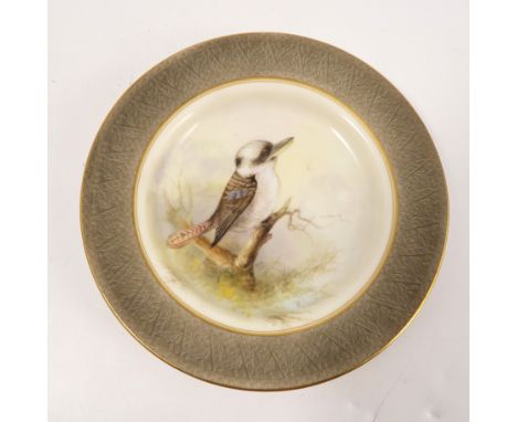 A Royal Worcester side plate, decorated with an Australian Kookaburra on a branch by R Austin, with grey embossed border, ret