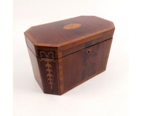 A 19th century mahogany tea caddy, of rectangular form with canted corners, satinwood banding, inlay to the top, the front in
