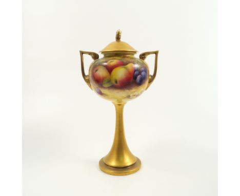 A Royal Worcester covered vase, the bulbous body decorated with fruit to a mossy background by Moseley, with gilt cover, pair