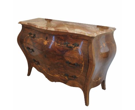 Ensuite to the above, a walnut commode with marble top, fitted with three frieze drawers with bold boxwood inlay, width 50"  