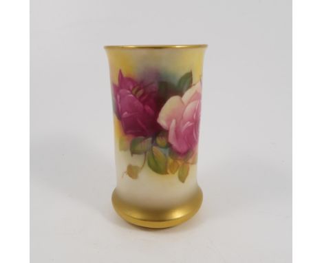 A Royal Worcester vase, of cylindrical form, decorated with roses by M Hunt, shape number 2510, dated 1939, height 4ins