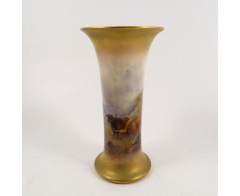 A Royal Worcester spill vase, decorated with Highland cattle by Harry Stinton, shape number G923, dated circa 1919, height 8.