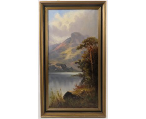 J R Scott?, pair of oil on canvas, landscapes with water, trees and mountains, 23.5ins x 11.5ins