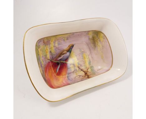 A Royal Worcester bowl, of rectangular form, decorated with an Australian Bird of Paradise on a branch with foliage by R Aust