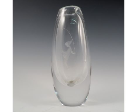 A Kosta glass vase, of oval form, etched with a girl skipping, signed to base, height 7.5ins, together with a set of four 19t