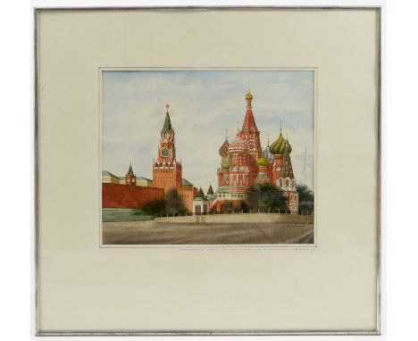 A 20th century Russian watercolour, view of the Kremlin Moscow, signed in pencil, label to reverse, 7ins x 8.75ins