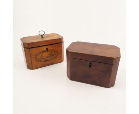 A 19th century tea caddy, of rectangular form with canted corners and shell inlay to the top and front, af, width 7.5ins, tog