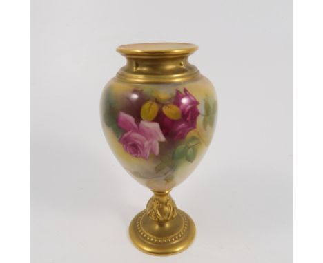 A Royal Worcester pedestal vase, decorated with roses by M Hunt, shape number 2260, dated 1925, height 5.75ins   Condition re