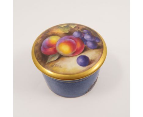 A Royal Worcester circular covered pot, the lid decorated with fruit to a mossy background by W Bee, with gilt edge, the base