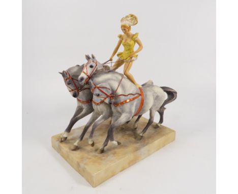 A Royal Worcester model, The Ring, figure astride three circus ponies, modelled by Doris Lindner, no plinth   Condition repor