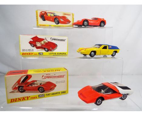 Dinky - three diecast vehicles in original boxes comprising #232 Fiat Abarth 2000, #217 Alfa Romeo Scarabeo and #218 Lotus Eu