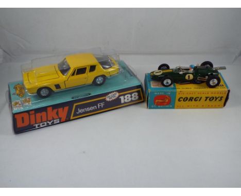 Dinky and Corgi - #188 Jensen FF in original box and #155 Lotus Climax F1 Racing Car, items nm to m in e to nm boxes (2). Est