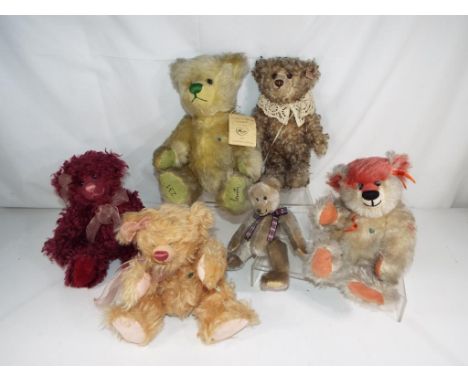 Steiff - a collection of six Teddy Bears to include a Steiff jointed bear with stitched snout, bearing button in ear and whit