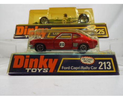 Dinky - two diecast racing cars comprising #213 Ford Capri Rally Car and #225 Lotus F1 Racing Car, both models appear to be n