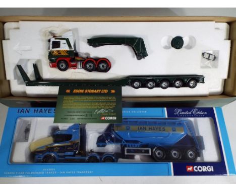 Corgi - two 1:50 scale diecast trucks in original boxes comprising CC12203 Scania Lowloader Eddie Stobart Ltd and CC12801 Sca