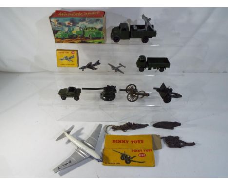 Dinky - Lot to include Dinky Toys # 623 Army Wagon, # 673 Scout Car, # 702 Comet, Twin Engine Fighter, # 736 Hawker Hunter Fi