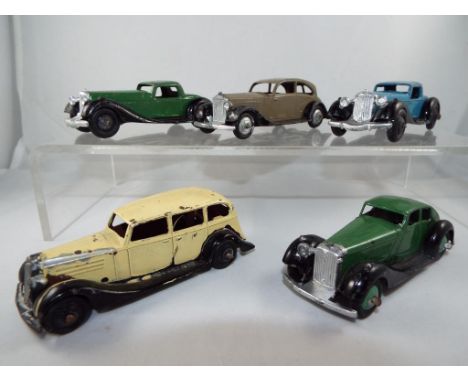 Dinky - five unboxed playworn diecast vehicles comprising 30B a 1940 Rolls Royce, 2 x 36B Bentley Sports, 36D a Rover and 30D