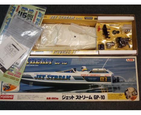 A radio controlled 10 engine powered racing boat, Jet Stream GP-10 kit, appears complete and mint in box with associated ephe