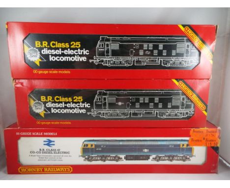 Model Railways - three Hornby OO gauge diesel locomotives in original boxes with instructions comprising R068 Class 25 in blu
