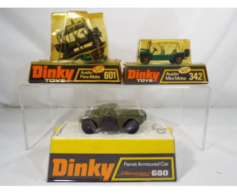 Dinky - three diecast vehicles in original vehicles comprising #342 Austin Mini Moke, #601 Austin Para-Moke and #680 Ferret A