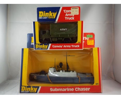 Dinky - two diecast vehicles in original window boxes comprising #673 Submarine Chaser and #687 Convoy Army Truck, both model