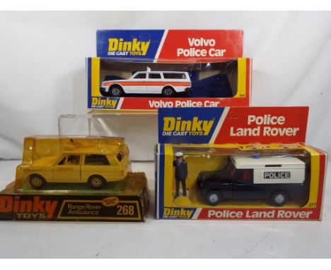 Dinky - three diecast vehicles in original boxes comprising #243 Volvo Police Car (missing signs), #268 Range Rover Ambulance