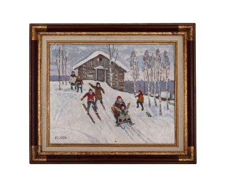 "Skiing". An oil on board. Signed on the front in Cyrillic "IA-1994". Signed in Cyrillic at the back&nbsp; I Arestov "Skiing"