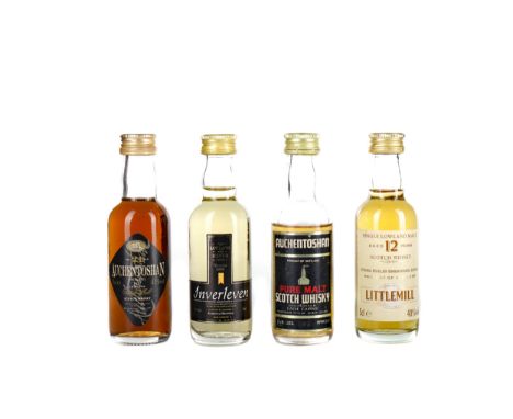 FOUR LOWLAND SINGLE MALT SCOTCH WHISKY MINIATURES Includes Auchentoshan 1970 aged 21 years (43%), Inverleven 1985 (40%), Litt