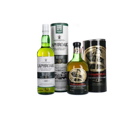 LAPHROAIG SELECT Single Malt Scotch Whisky 70cl, 40% volume, in tube. BUNNAHABHAIN AGED 12 YEARS Single Malt Scotch Whisky 75