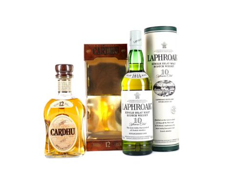 LAPHROAIG 10 YEARS OLD Single Malt Scotch Whisky 70cl, 40% volume, in tube. CARDHU 12 YEARS OLD Single Malt Scotch Whisky 75c