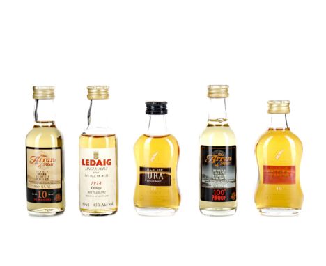 FIVE ISLAND SINGLE MALT SCOTCH WHISKY MINIATURES Includes Ledaig 1974 (43%), Jura aged 16 years (40%), Arran 100° proof (57%)