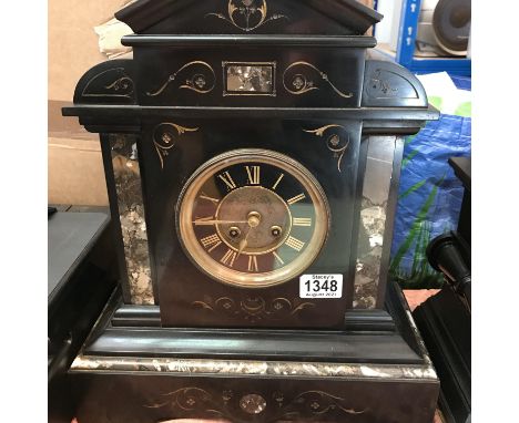 A Victorian slate mantle clock with grey marble and Roman numerals, measuring approximately 40cm in height - NO RESERVE